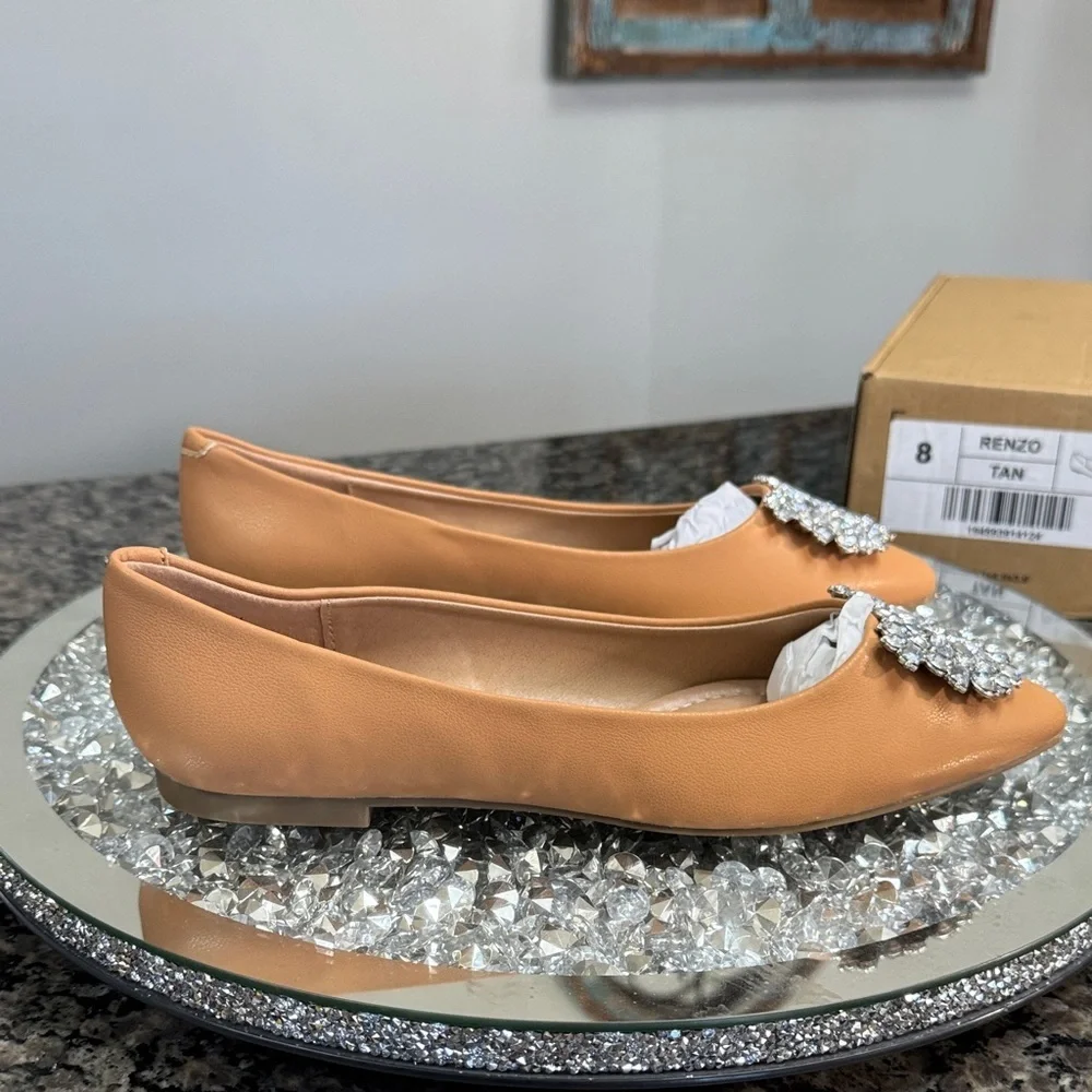 Journee Tan Pointed-Toe Flats with Crystal Embellishment NEW 8